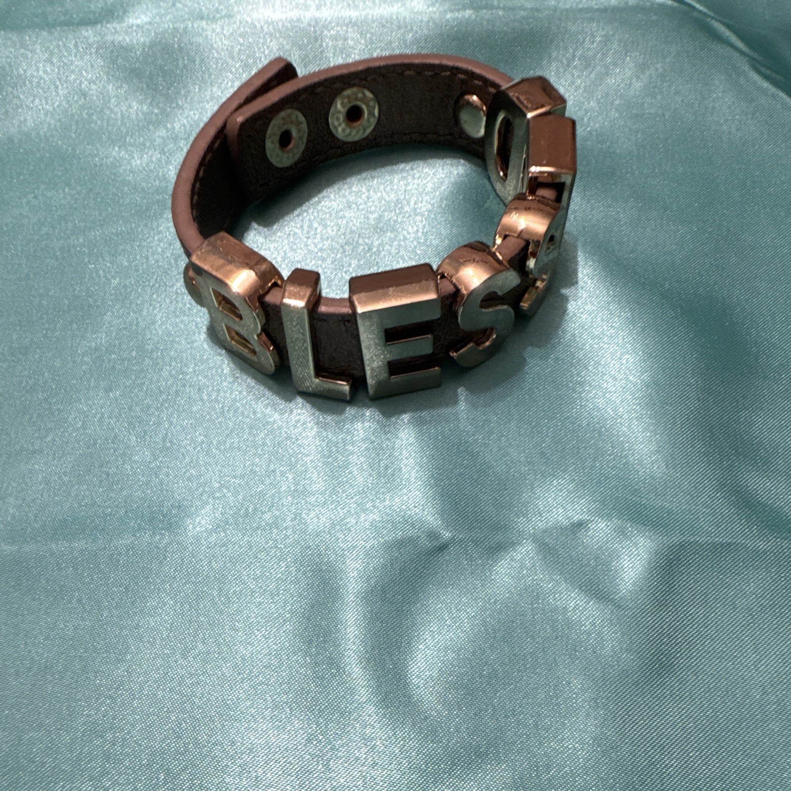 Brown Faux Leather Snap Cuff Bracelet, Inspirational BLESSED, No Stone