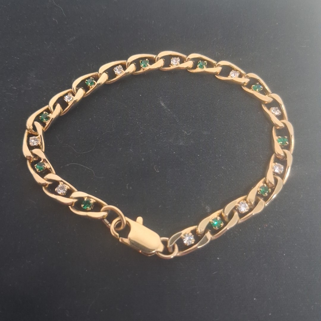Vintage Gold Tone Mariner Link Bracelet Green Clear Crystal Accents No Stamp…