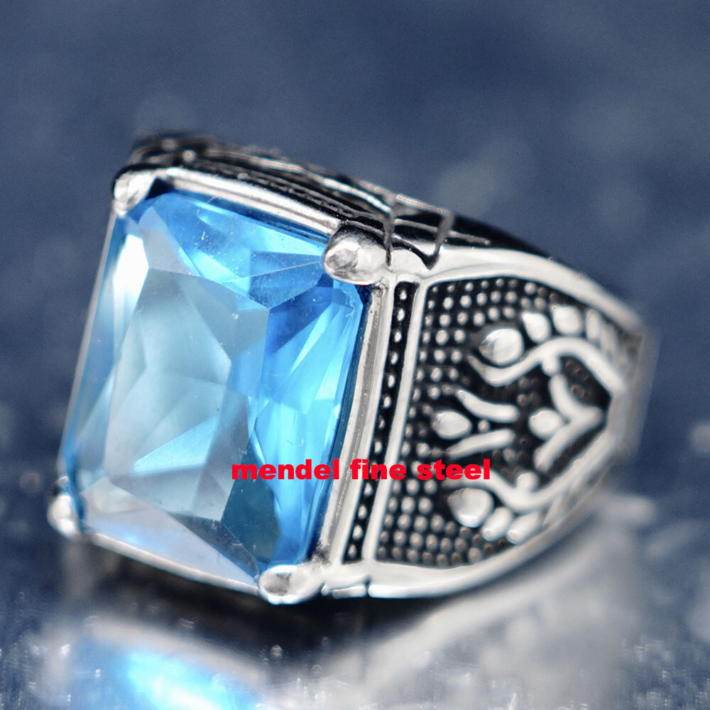 MENDEL Mens Blue CZ Aquamarine Square Stone Ring Stainless Steel Size 7 8 9-15