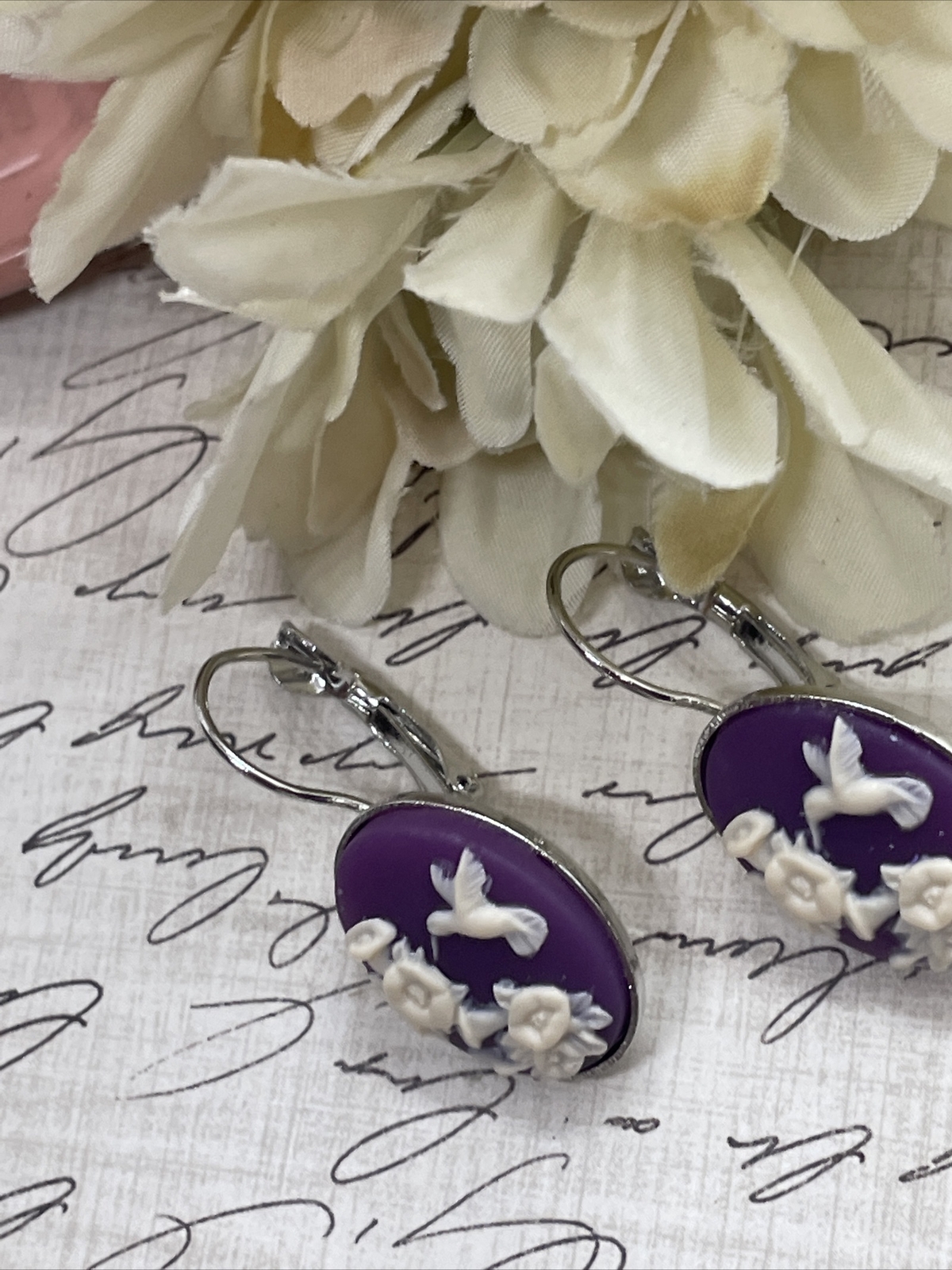 Morning Glory Hummingbird Silver Boutique French Wire Cameo Earrings Wedding Mom