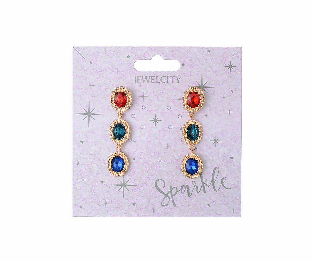 Gold Tone Red, Green & Blue Oval Shape Long Drop Earrings in Vintage Setting NEW
