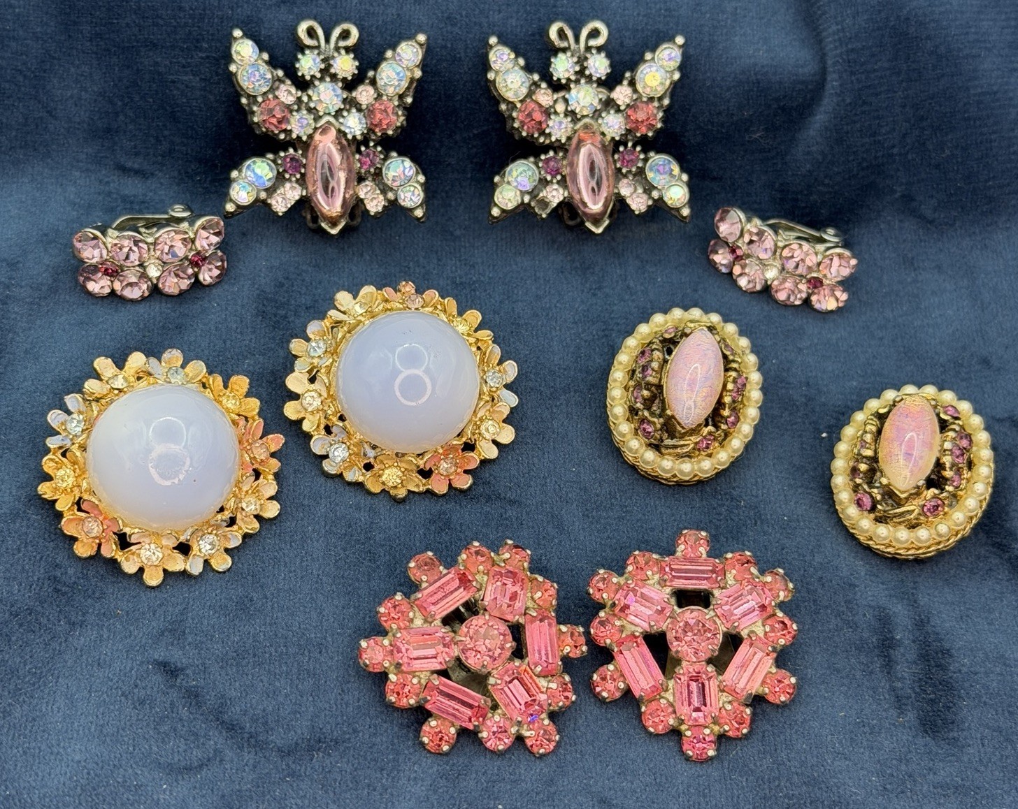 Vintage 50s MCM Clip On Earrings Jewelry Lot 5 Pair Rhinestones Opalite Cabochon