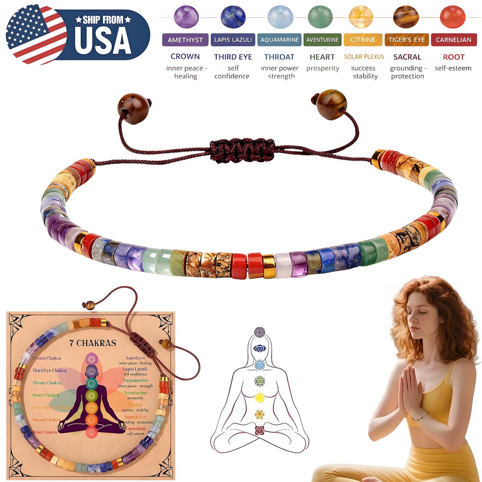 2× Handmade Natural Crystal Stone Bracelet Gemstone Beaded Dainty Healing Gift