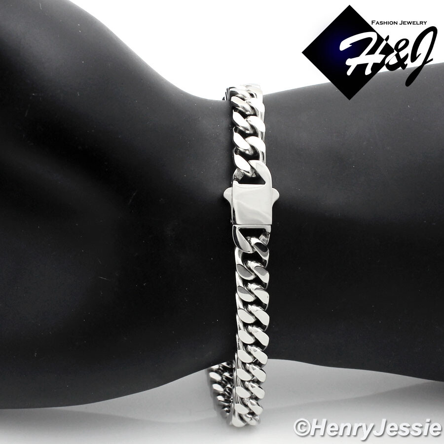 7.5″-11″MEN Stainless Steel 7/10/12mm Silver Miami Cuban Curb Chain Bracelet*166