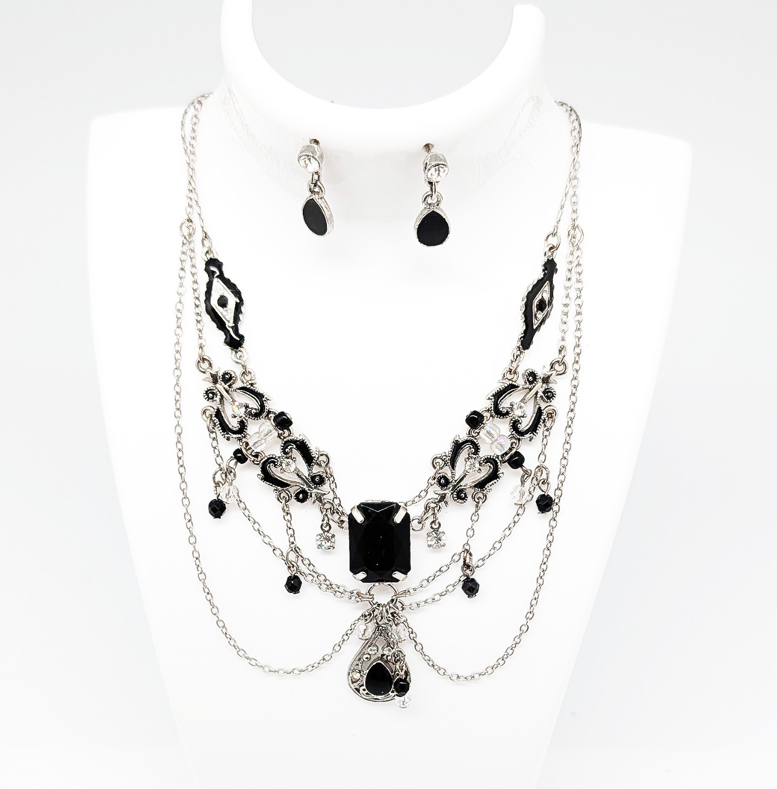 DESIGNER INSPIRED 18 in BLACK CRYSTAL VICTORIAN DROP DANGLE SILVER JEWELRY SET