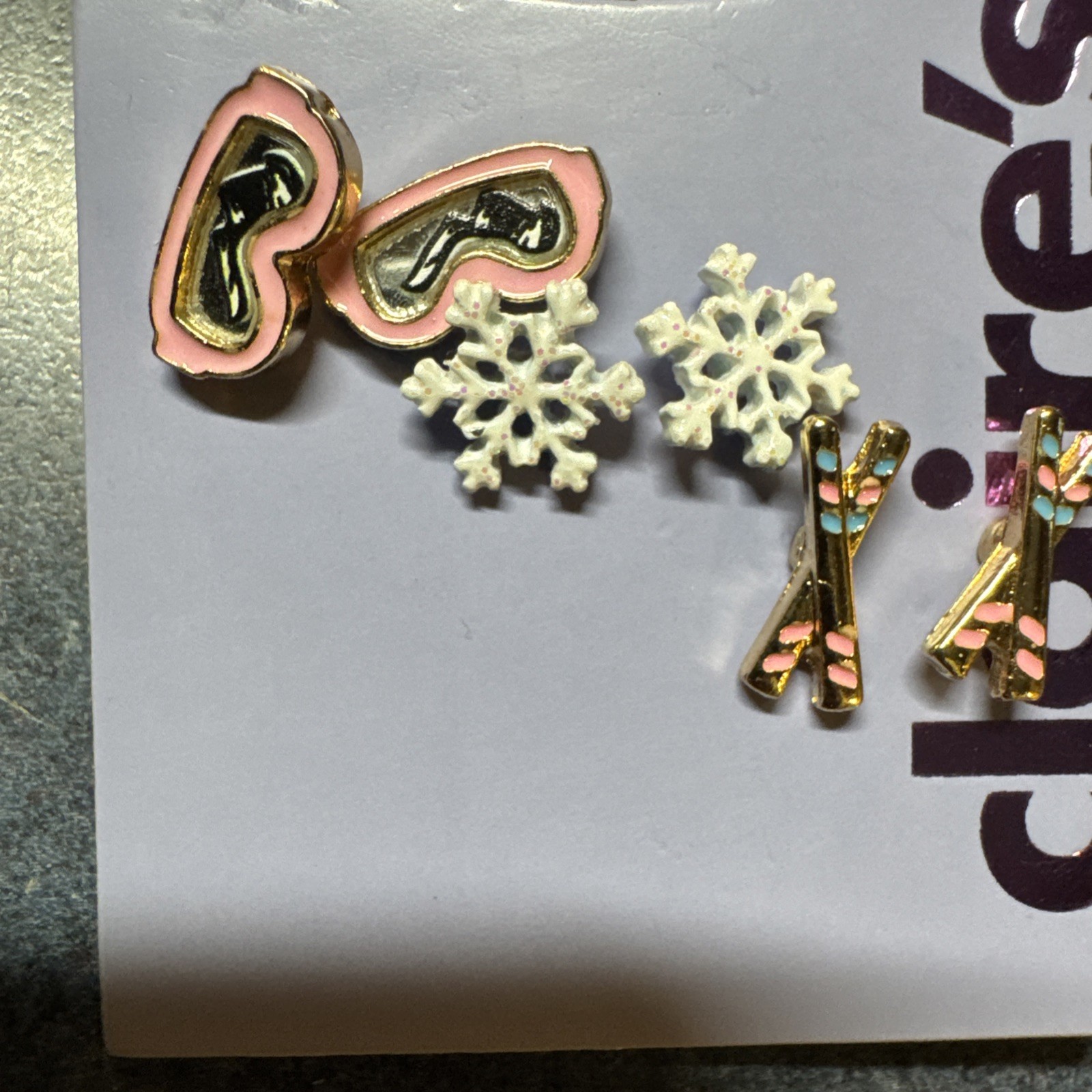 Claire’s Winter Stud Earrings Ski Theme Snowflakes Skis 3 Pairs In 1 Pk