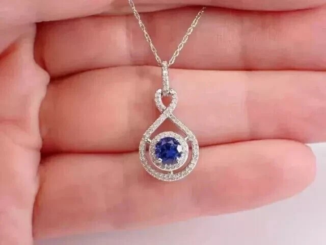 Lovely Halo Pendant 2Ct Round Cut Simulated Blue Sapphire 14k White Gold Plated