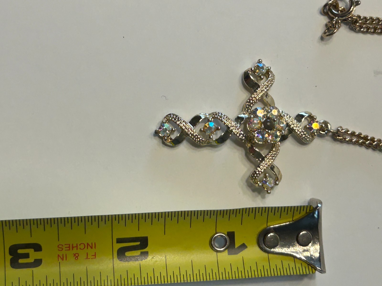 Vtg Pendant Cross gold-tone aurora borealis crystals 18 Inch Chain