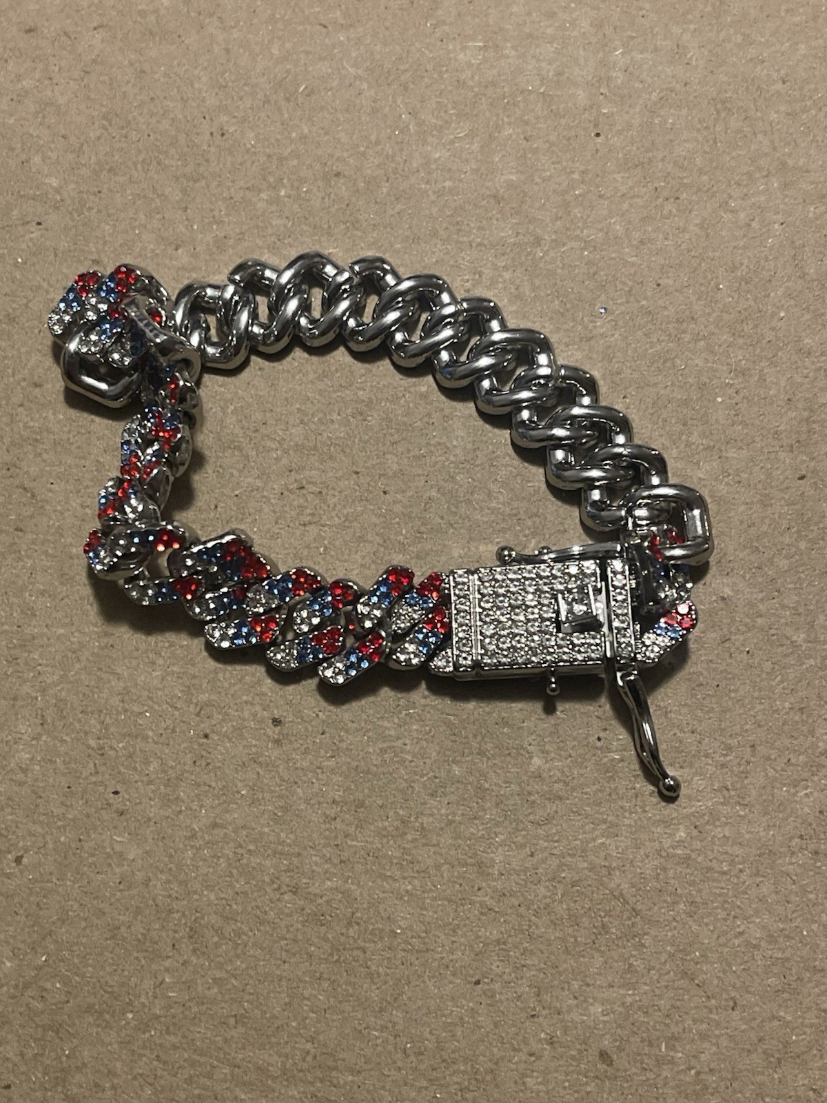Invicta Cuban Link Chain Bracelet Silver/Red/Blue Push Lock Signed