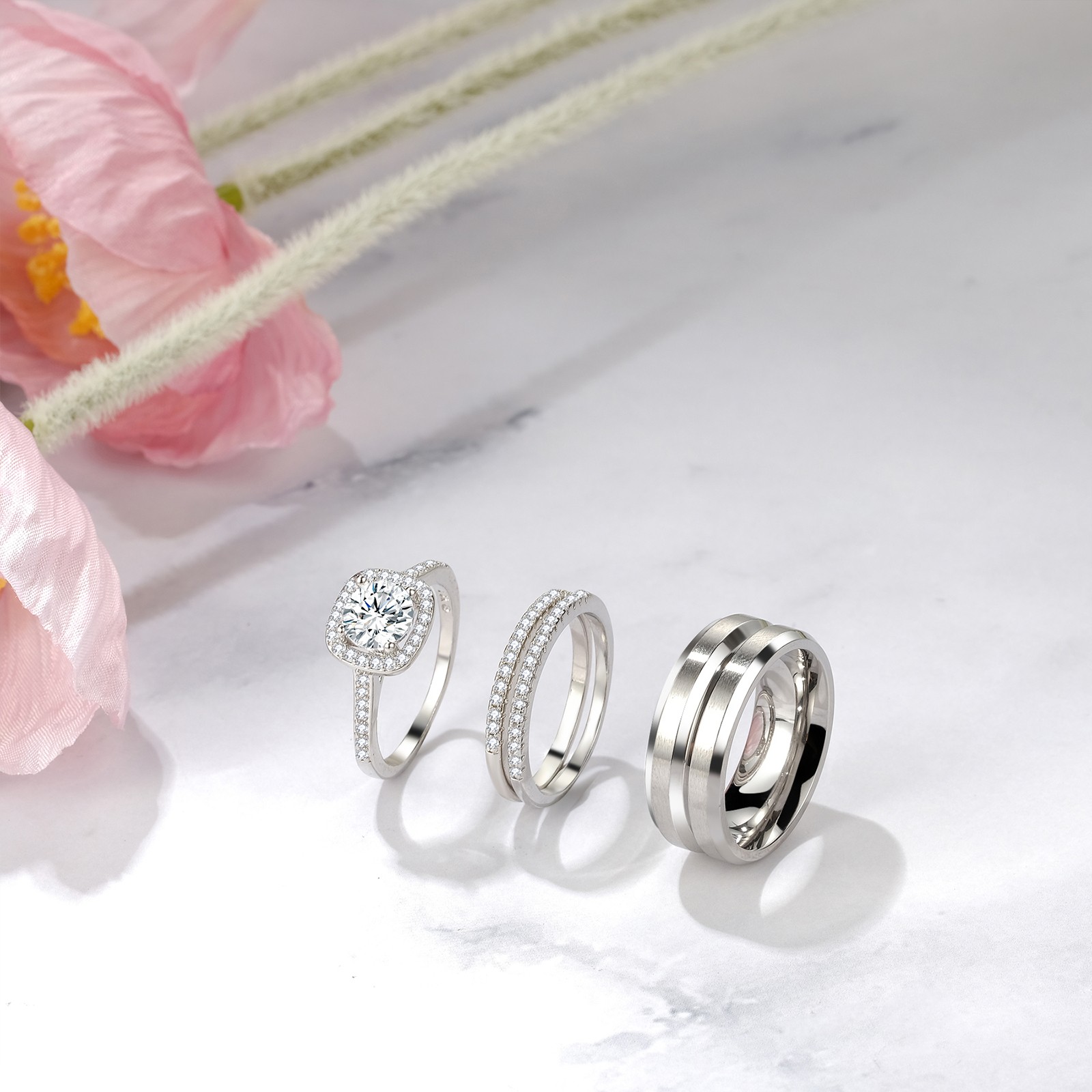 Couples Men Women Stainless Steel Ring Set Cubic Zirconia Stacking Wedding Band