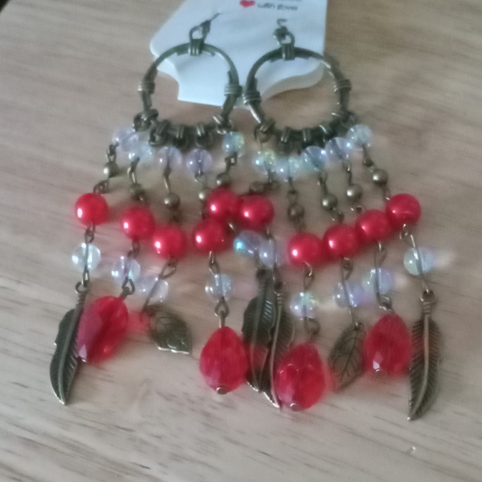 Red Beaded Dangle/Drop Earrings Pair, Metal Plastic, Hook Closure, Lobe