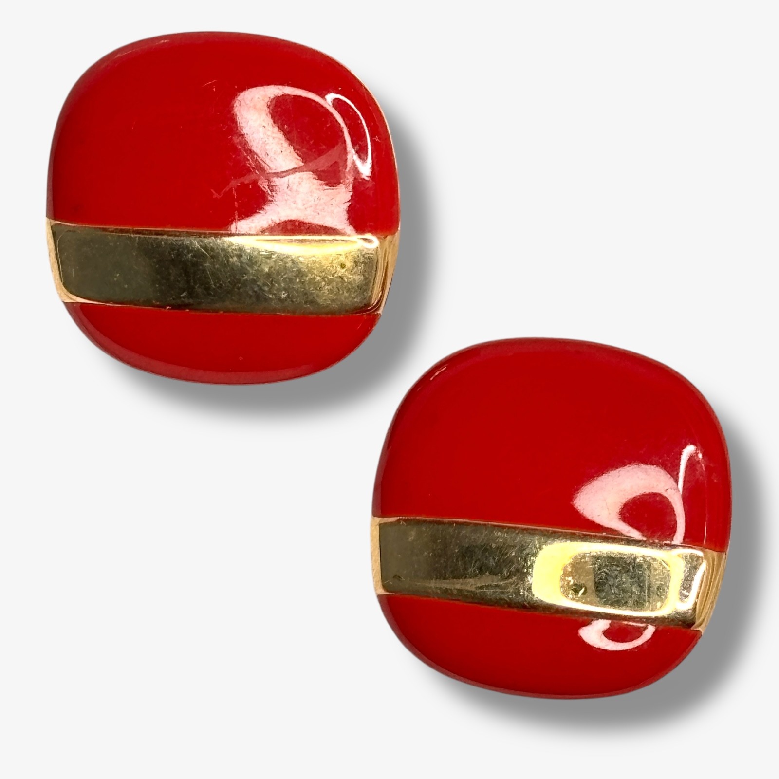 Monet Red Enamel Gold Tone Square Post Earrings c1980s Modernist Design 7/8 inch
