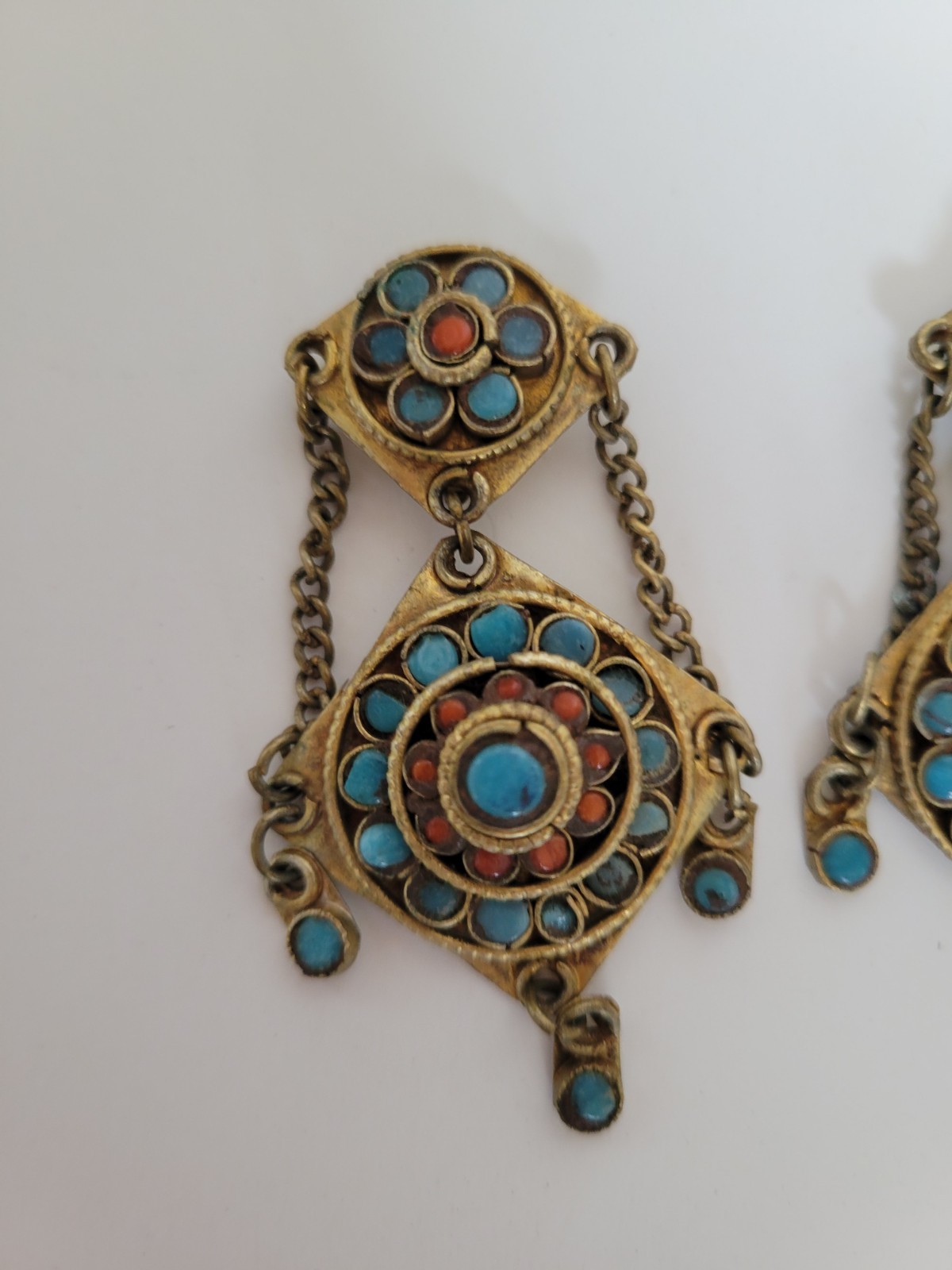 Vintage Himalayan Dangle Earrings Turquoise Coral Gold Tone Clip On Nepal