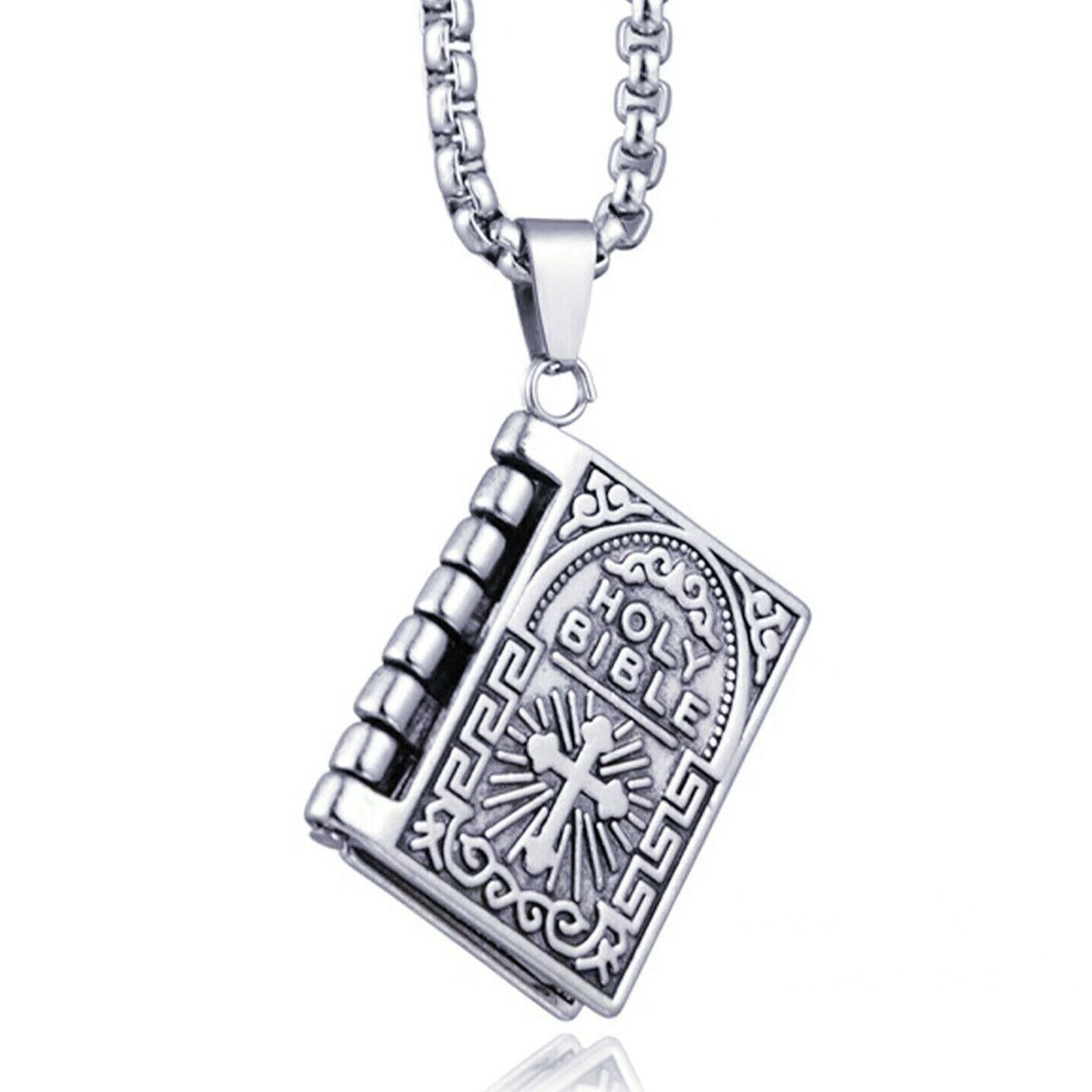 2× Stainless Steel Silver Bible Open Pages Pendant Unisex Necklace Lord’s Prayer