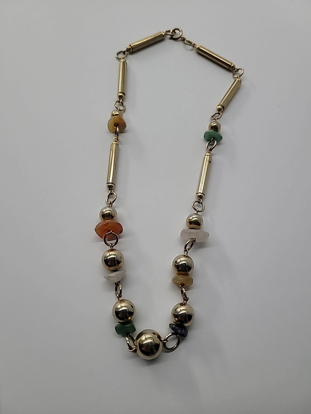 Vintage Gold Tone Beaded Necklace Mixed Stone Chips Bar Link Statement Jewelry
