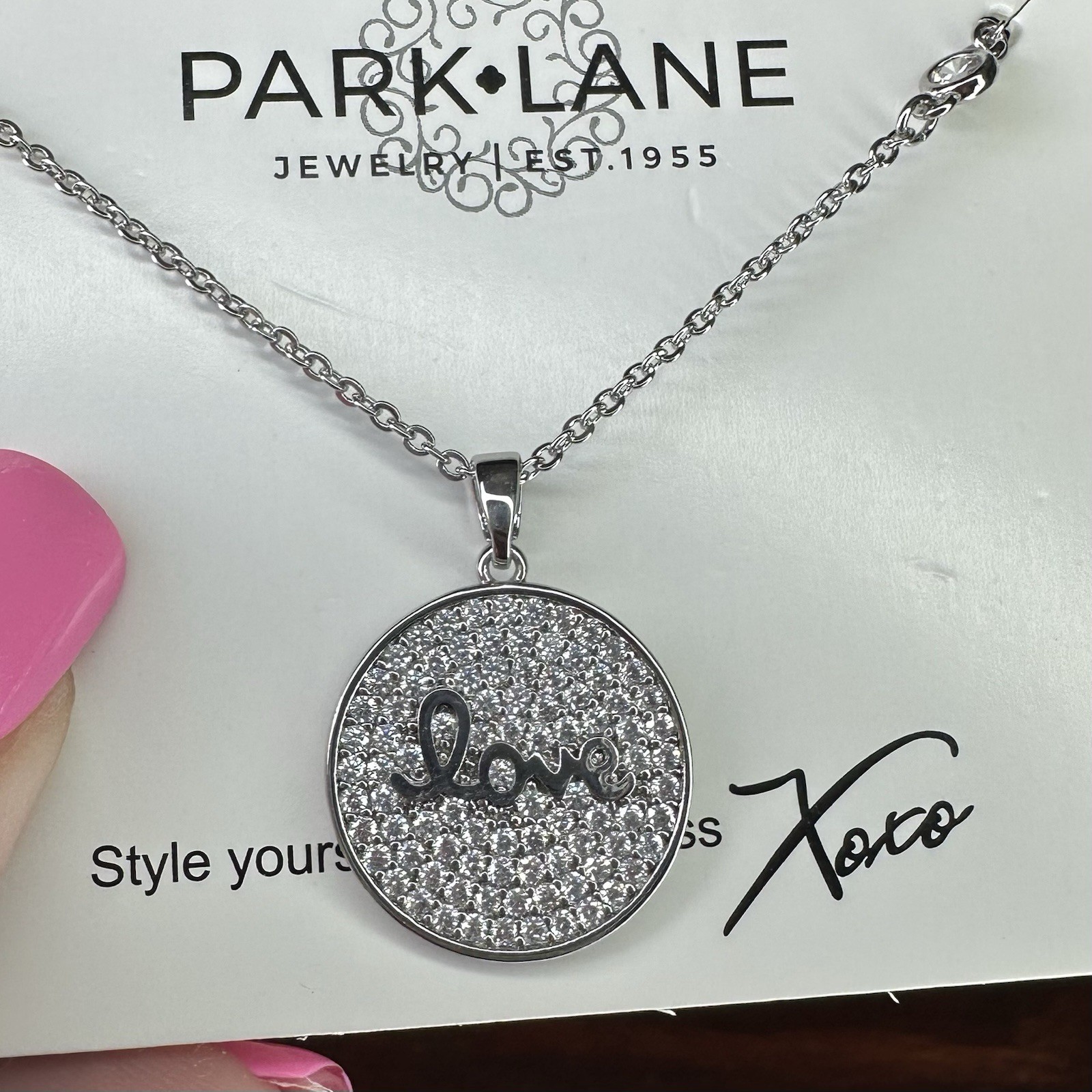 Park Lane Necklace- Rare Retired- Love- Simulated Clear CZ- Rhodium Plated