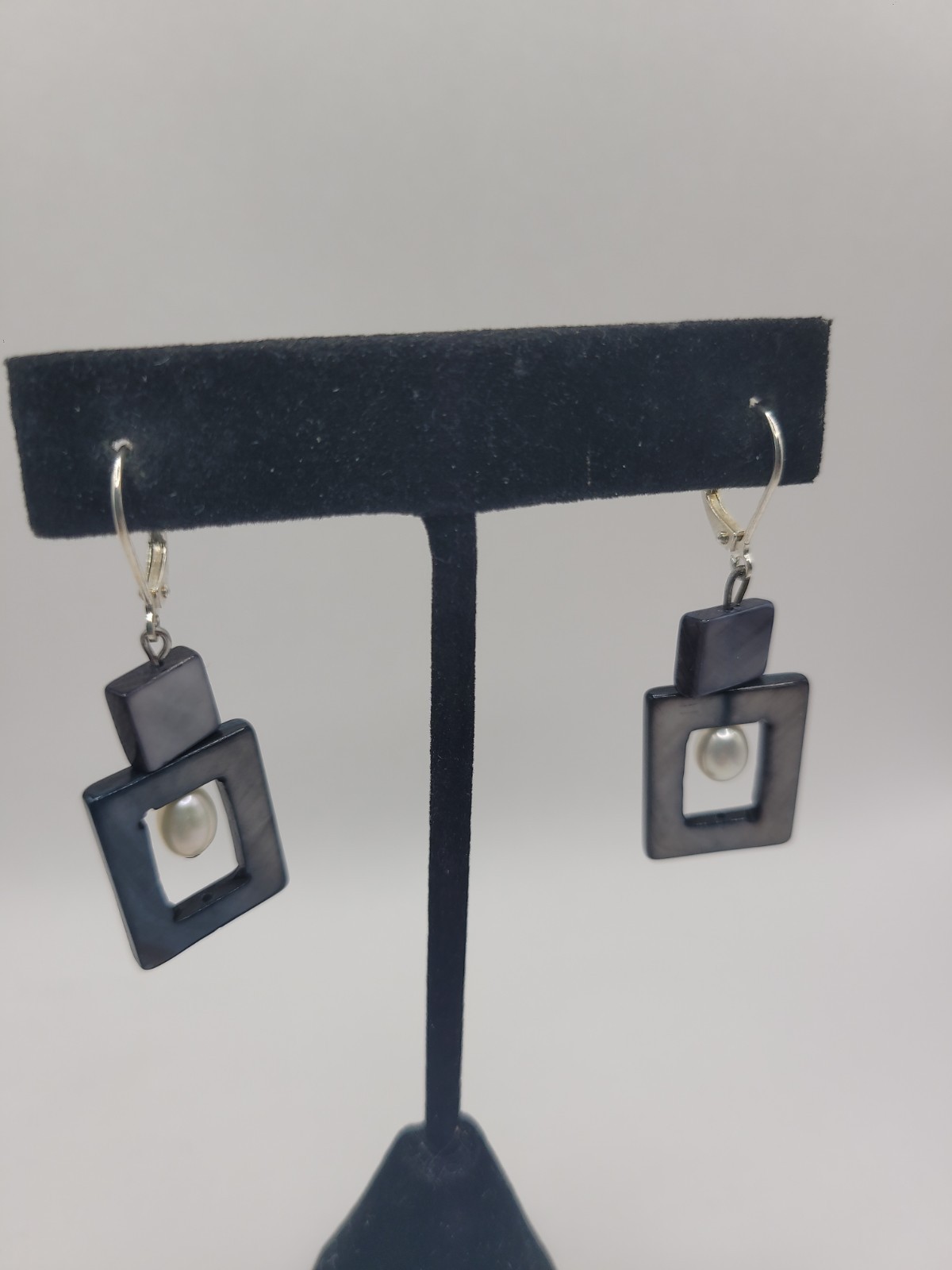 Geometric Gray Blue White Dangle Earrings Silver Tone Rectangle Drop Earrings