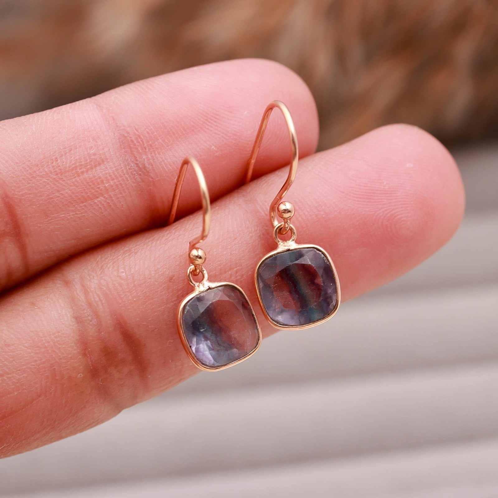 Natural Fluorite Cushion Dangle Earrings Rose Gold Plated Solid Silver Jewelry