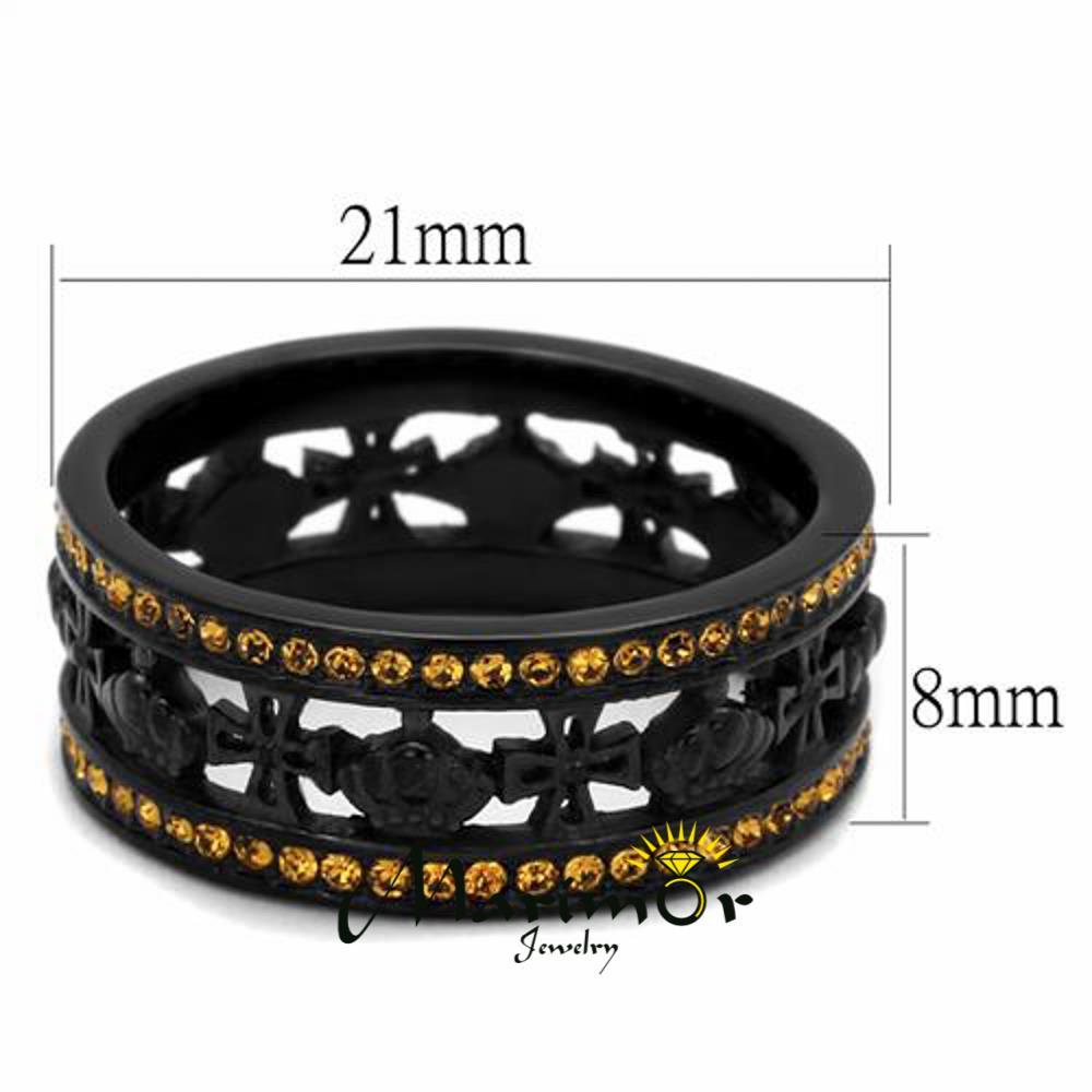 Womens Black Ion Plated Stainless Steel Topaz Crystal Crown & Cross Ring Sz 5-10