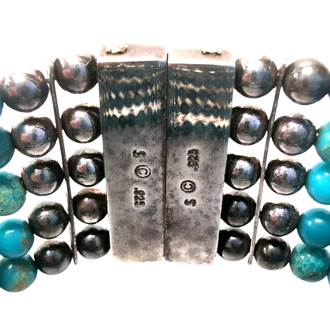 Sterling Silver .925 Turquoise Beaded Multi-Strand Magnetic Cuff Bracelet 30g