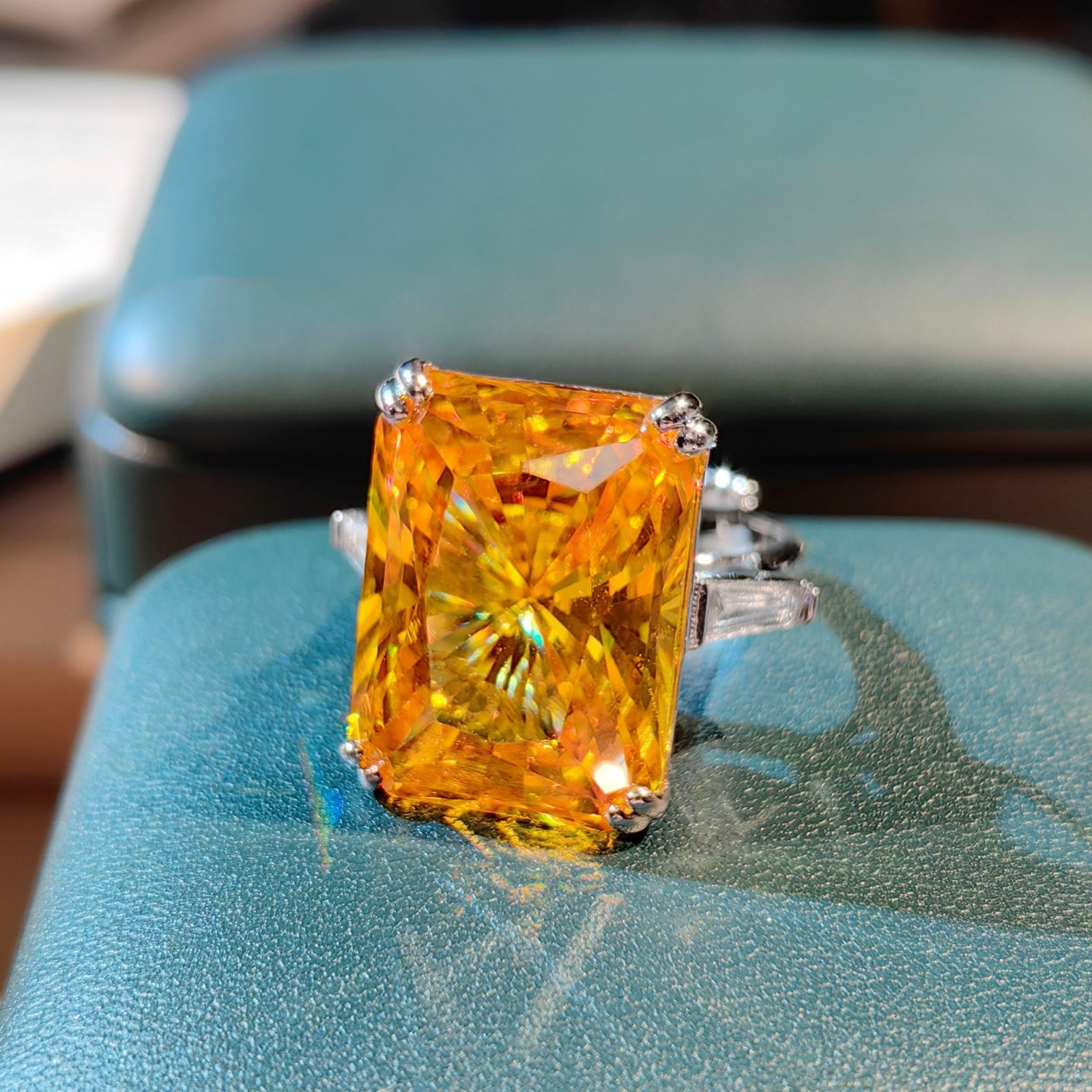2pc Set Big Sparkle Radiant Cut Yellow Citrine Gems Women Silver Necklace Ring
