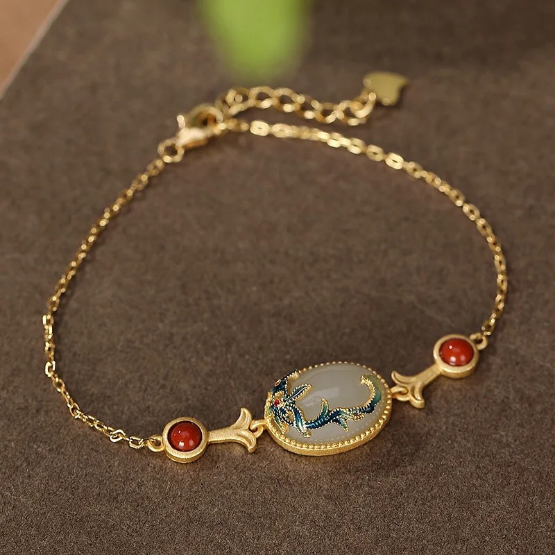 Cloisonne Set Inlaid Hetian Jade Chinese Ring Earring Bracelet Pendant Jewelry