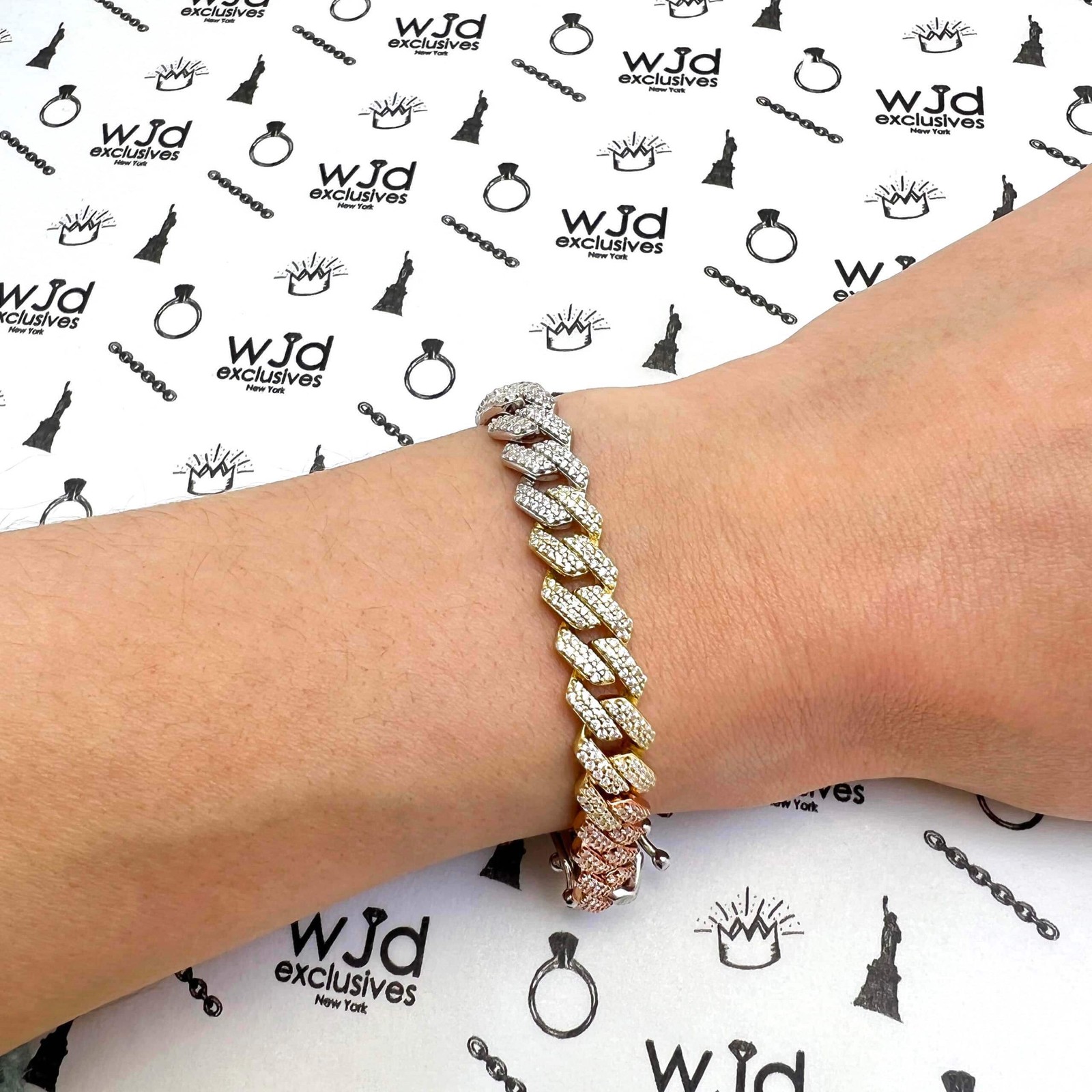 Tri-Color Gold Over Silver 8.5mm Miami Cuban CZ Bracelet (Solid Links) 7″-9″