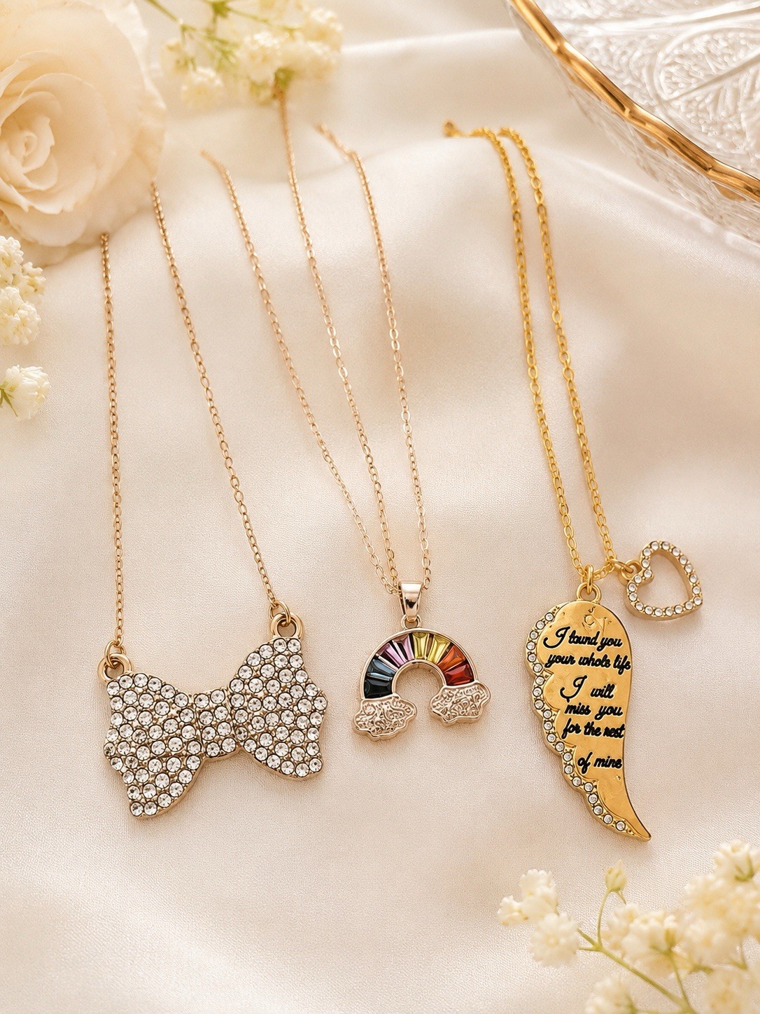 3PCS Gold Tone Pendant Necklace Set Bow Rainbow Angel Wing w/ Gift Box