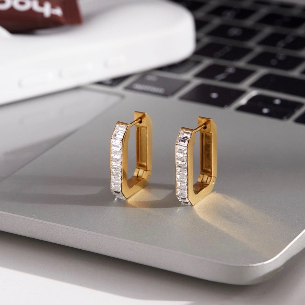 Stainless Steel Rectangle Huggie Hoop Earring Channel Set CZ Silver Gold