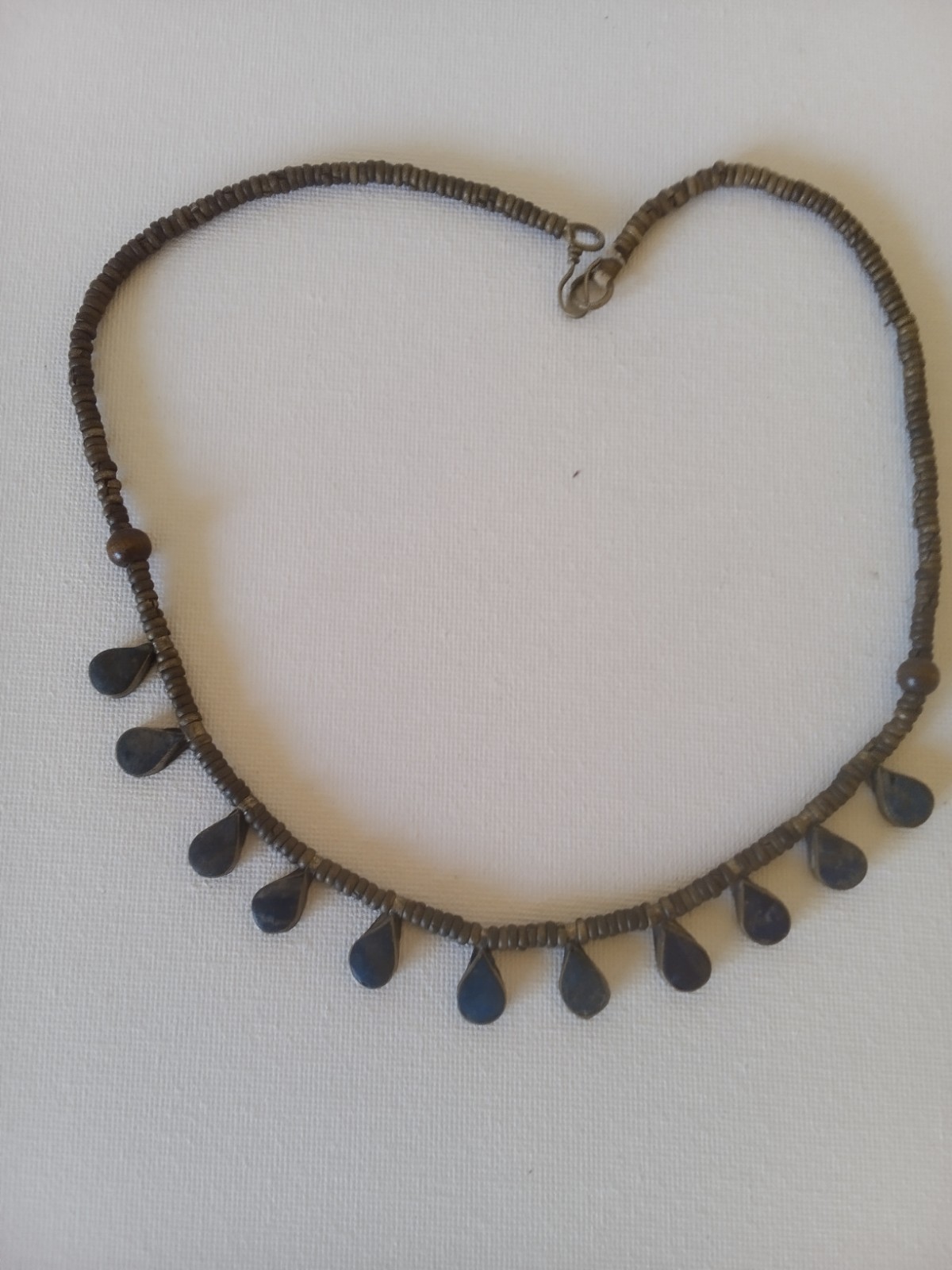 Antique Brown & Blue Beaded Necklace Teardrop Charm Pendant Lobster Clasp 18 in