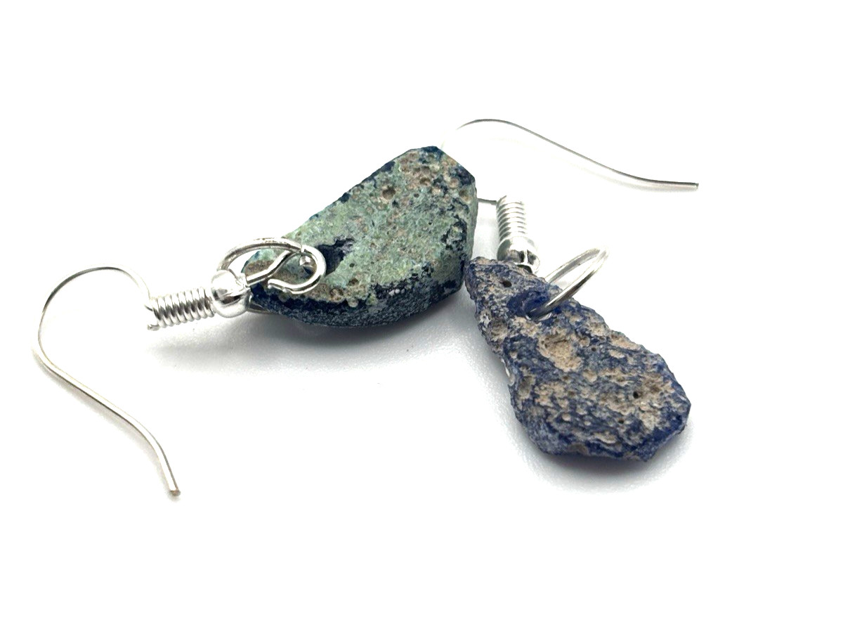 Ancient-Style Rustic Glass Earrings | Raw Blue-Green Shard Drops 2.69g