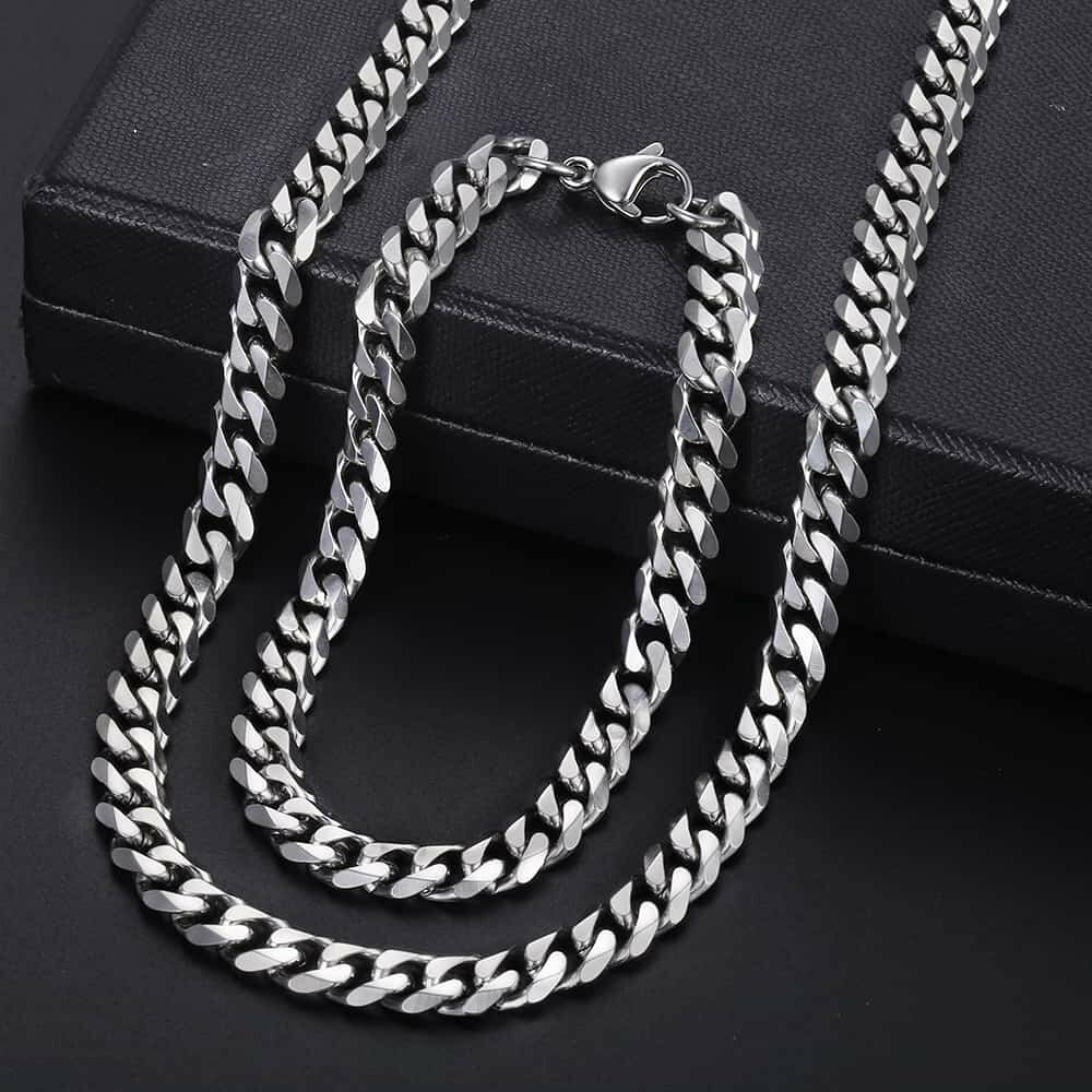 5mm Stainless Steel Bracelet & Necklace Jewelry Set Cuban Curb Chain