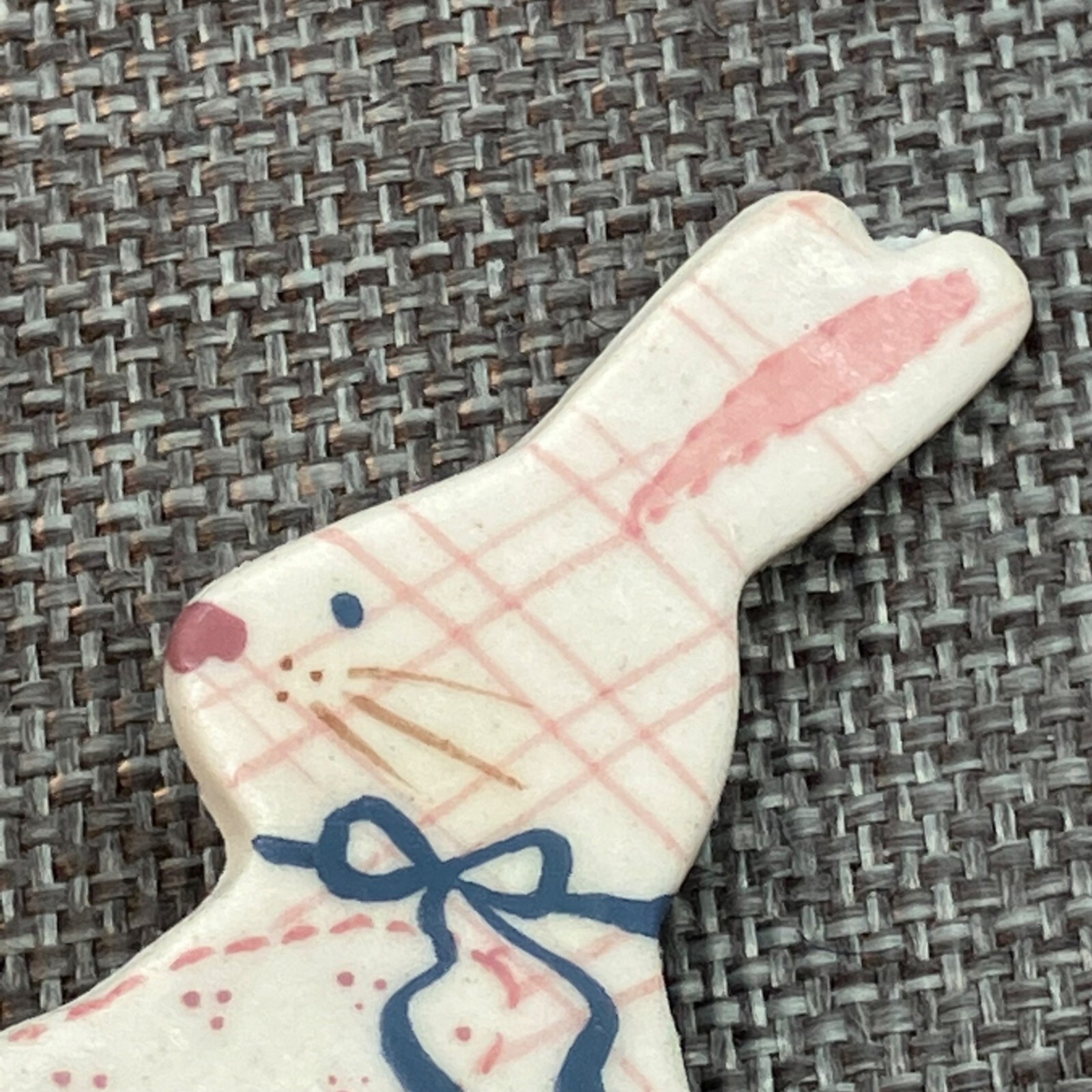 Easter Bunny Pin Brooch White Pink Blue Ceramic Enamel Heart Ribbon Soft Girl