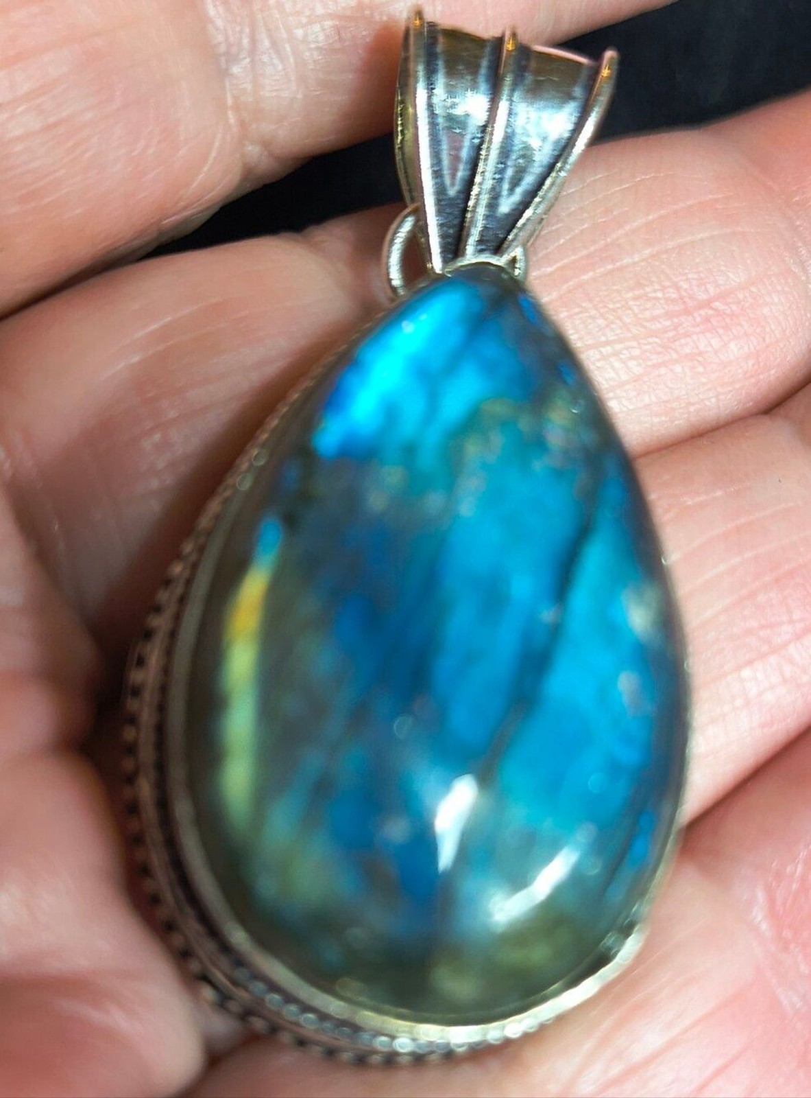 925 Sterling Silver Labradorite Statement Pendant Large Blue Flash Artisan Boho