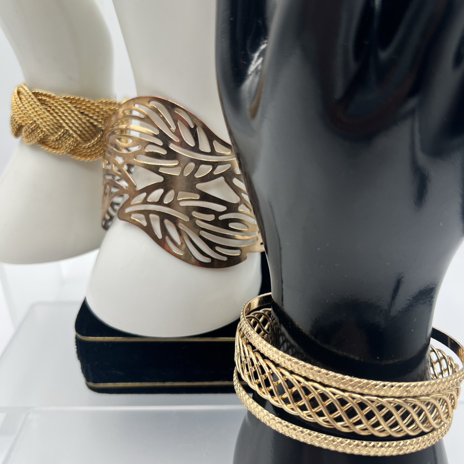 Wide Cuff Bracelet Lot Gold Tone Mesh Copper Openwork Statement Trio Bold Chunky