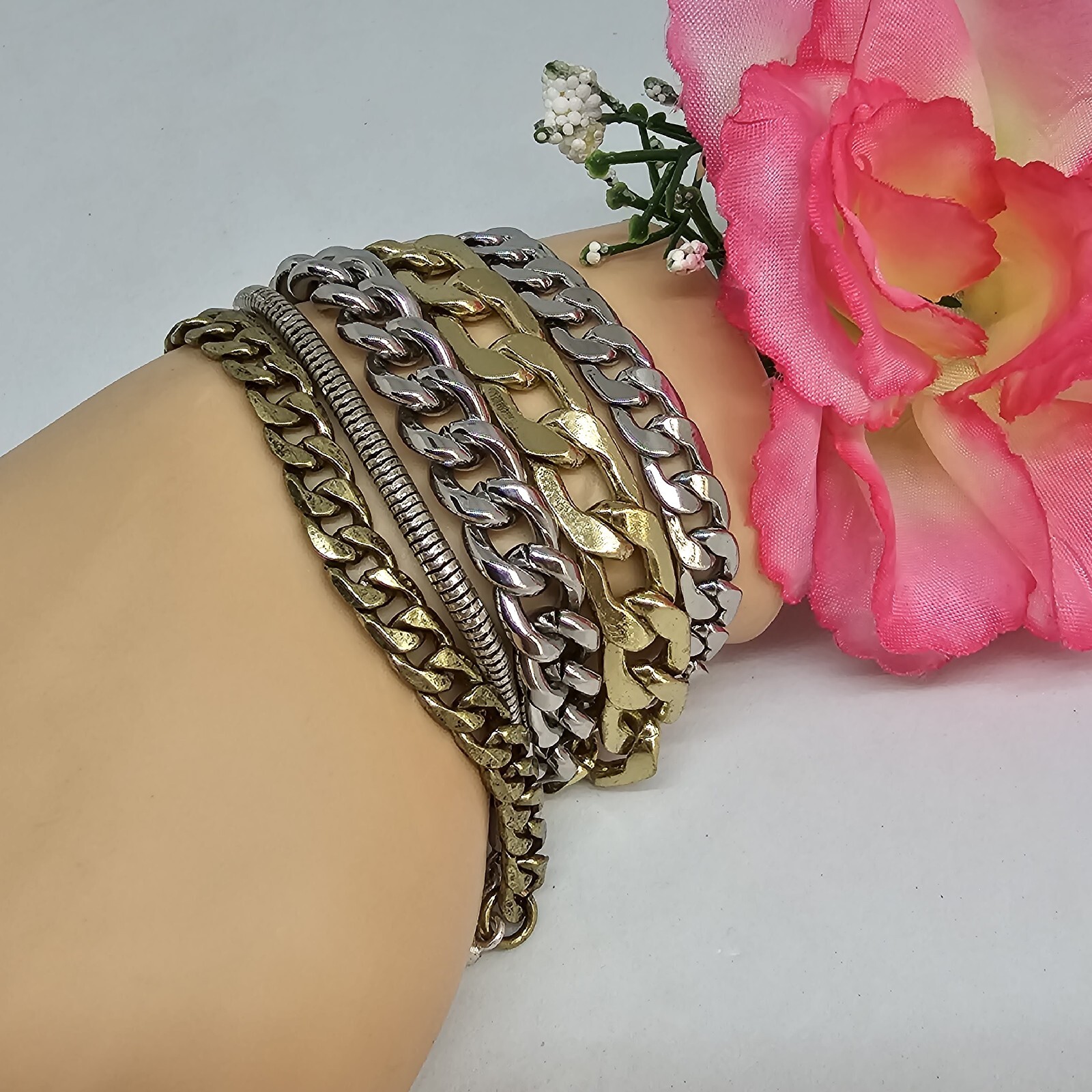 Jenny Bird Cuff Mixed Metal Cuff Bracelet Stacked Layered Chain Modern Jewelry