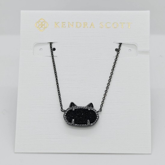 Kendra Scott Elisa Cat Kitty Gunmetal Pendant Necklace In Black Drusy