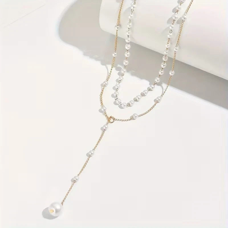 Layered Pearl Necklace Women Gold Y Lariat Choker Dainty Beaded Pendant Jewelry