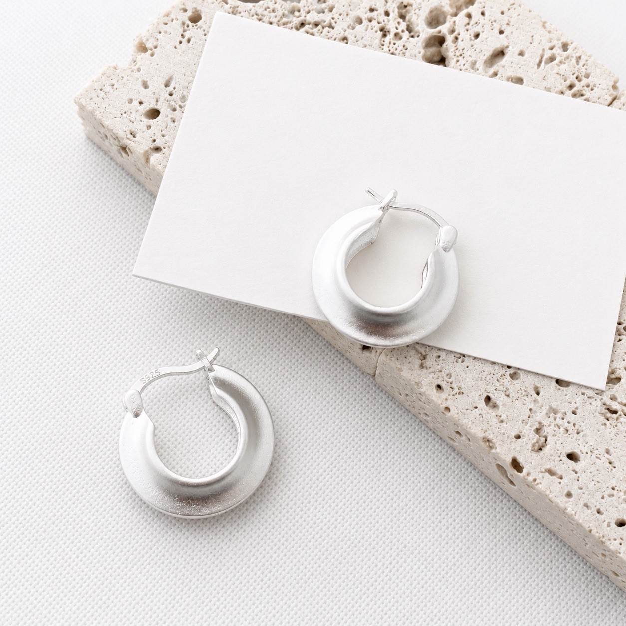 925 Silver Matte Chunky Hoop Earrings Thick Round Huggie Earrings for women 368