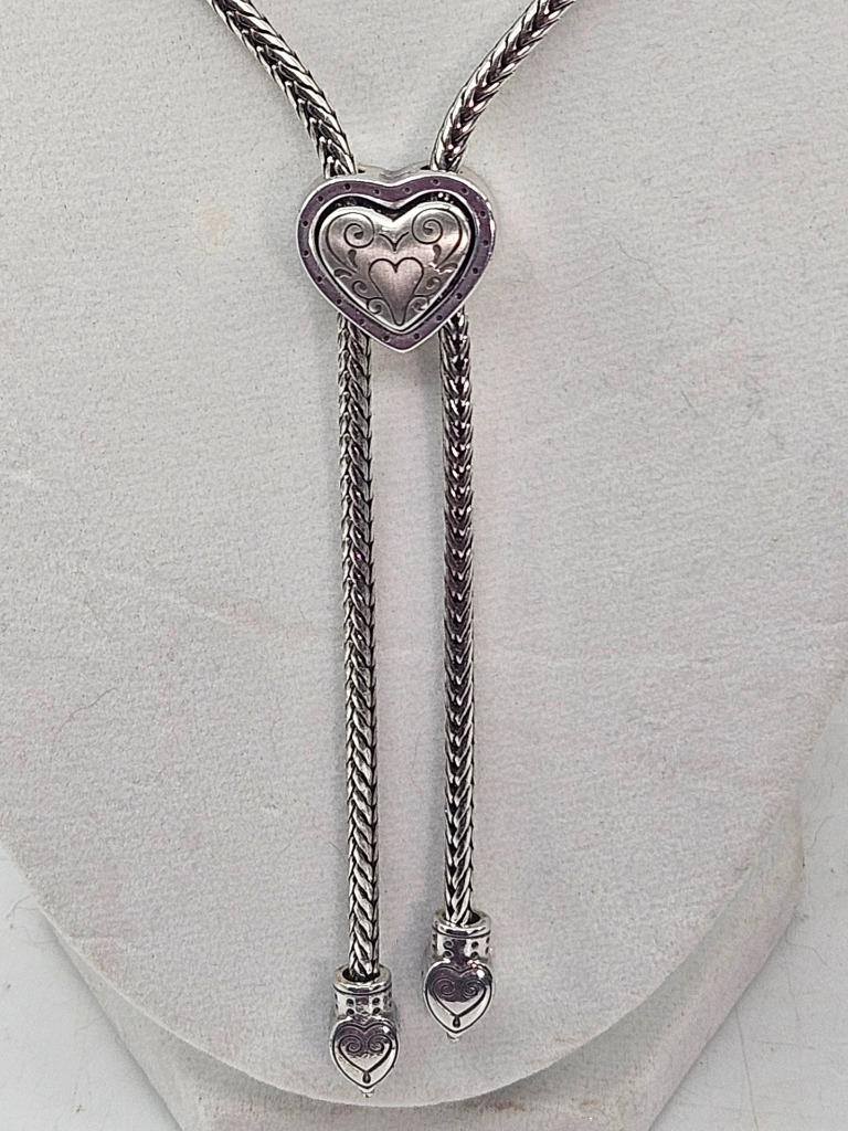 Brighton Eliza Silver Heart Slide Bolo Lariat Necklace #597 Wheat Chain Retired