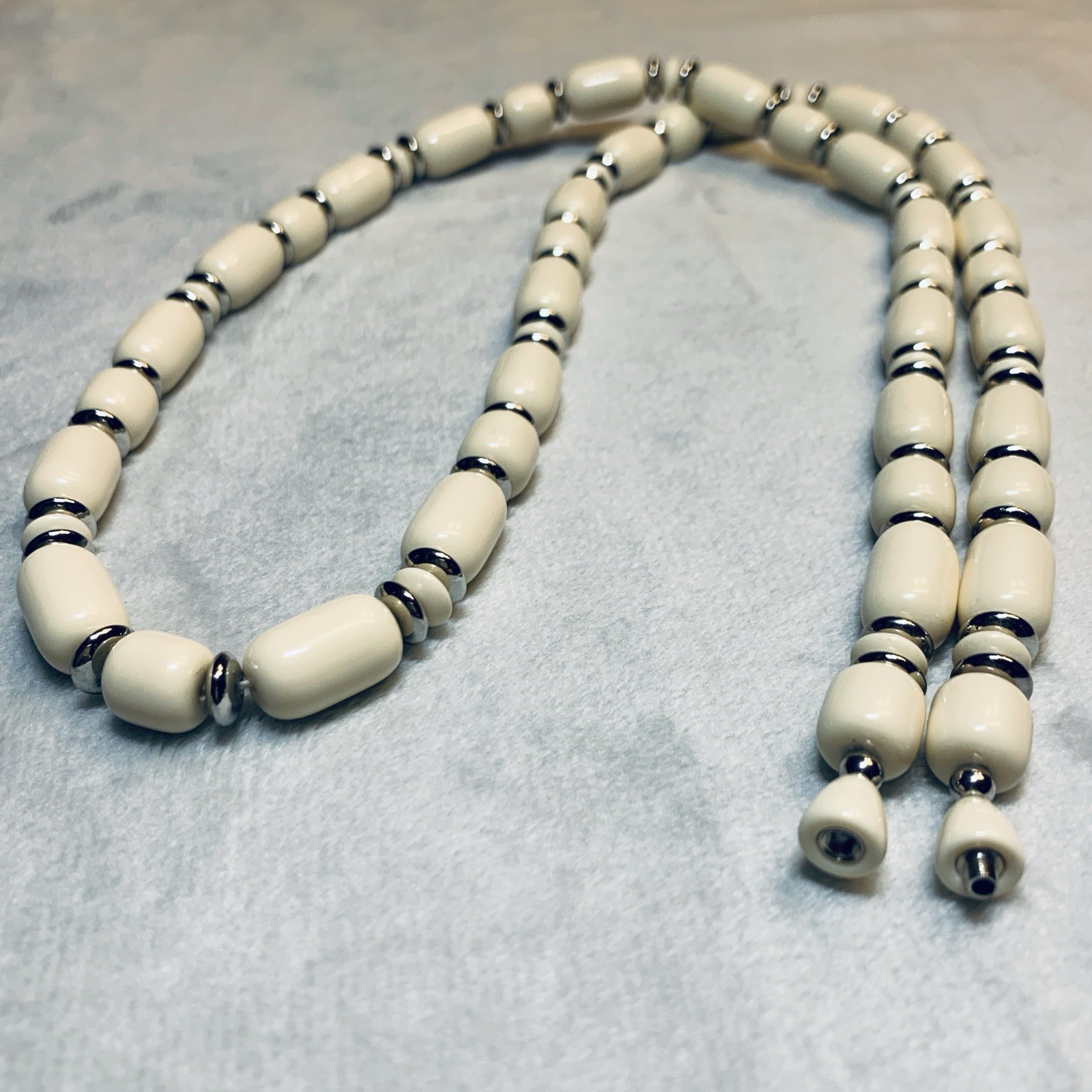 Vintage Cream & Silver Bead Necklace 32”