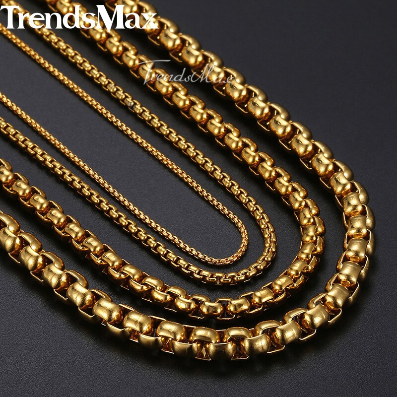 2/3/4/5MM Round Box Link Chain Necklace Gold Plated Choker 16-36″ For Men Boy