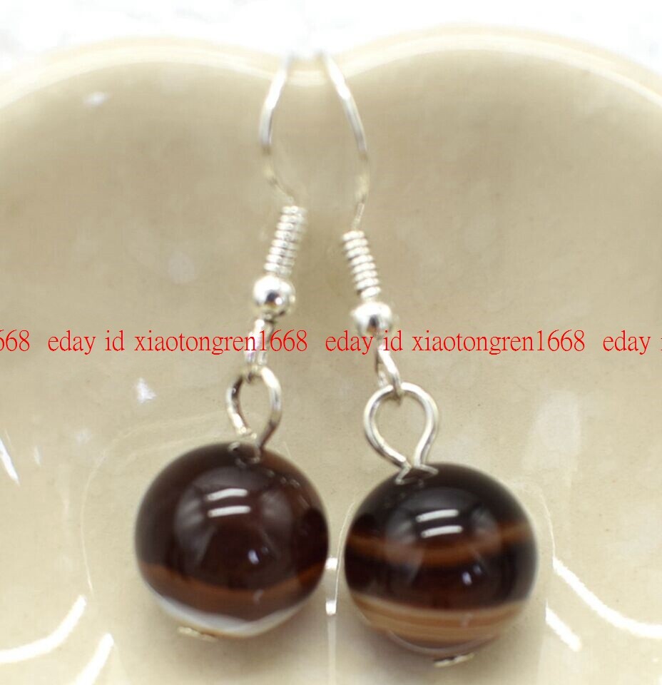 Lovely Charming 12mm Brown Striped Agate Round Gems Dangle Hook Earrings