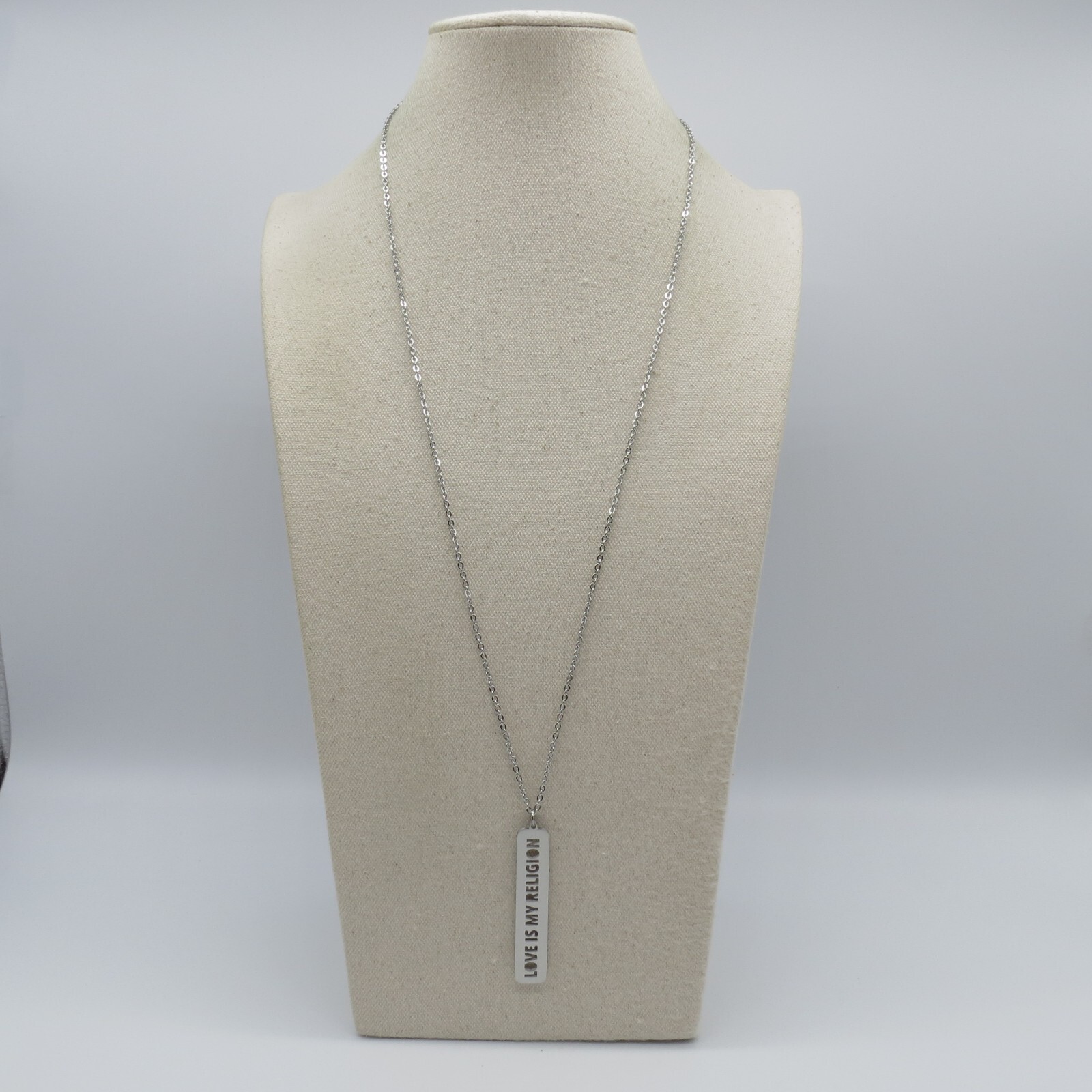 Love is My Religion Bar Pendant Necklace Silver Tone Everyday Jewel 28″