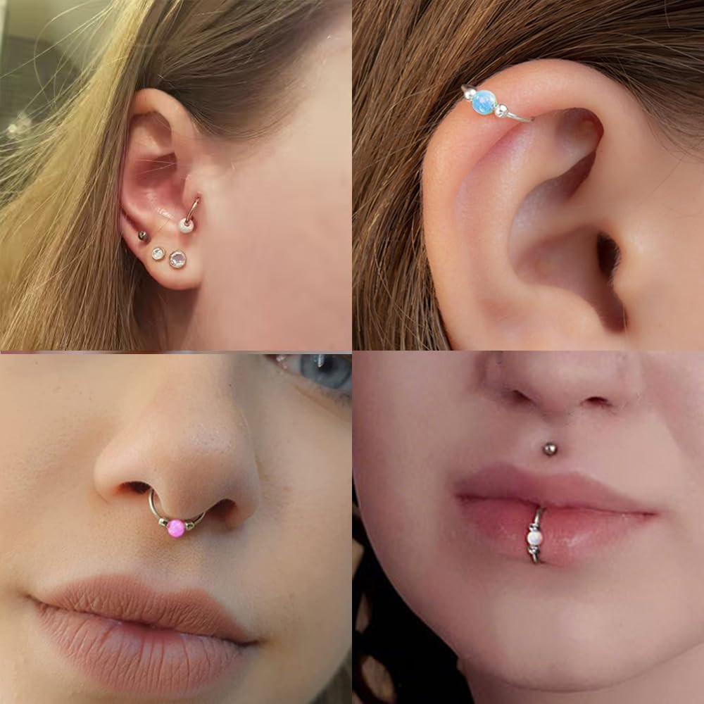 2 Pcs Small Cartilage Hoop Earrings for Women Men, 18G Opal Silver Earrings Hypo