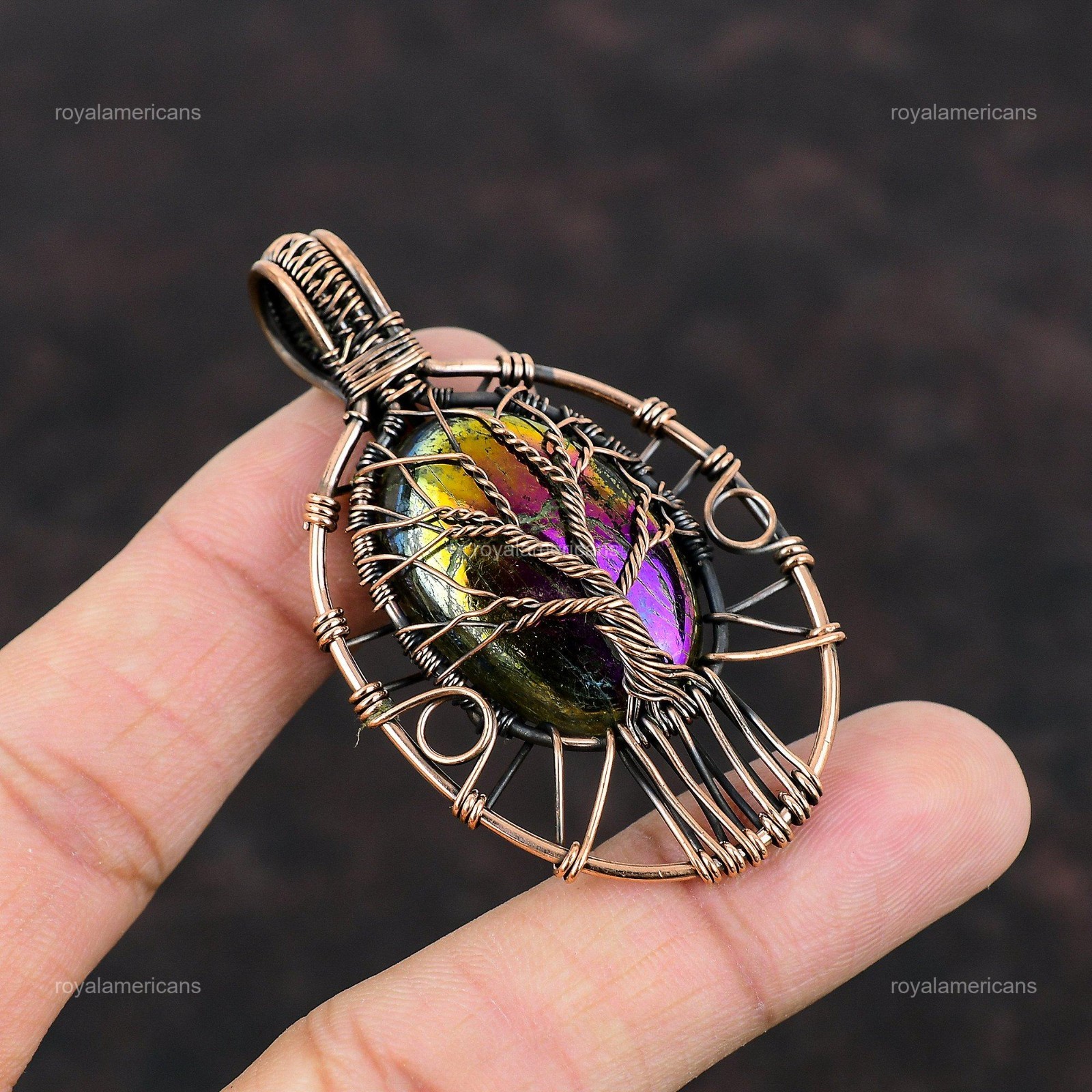 Mystic Fire Labradorite Stone Copper Mother’s Day Tree Of Life Pendant Jewelry