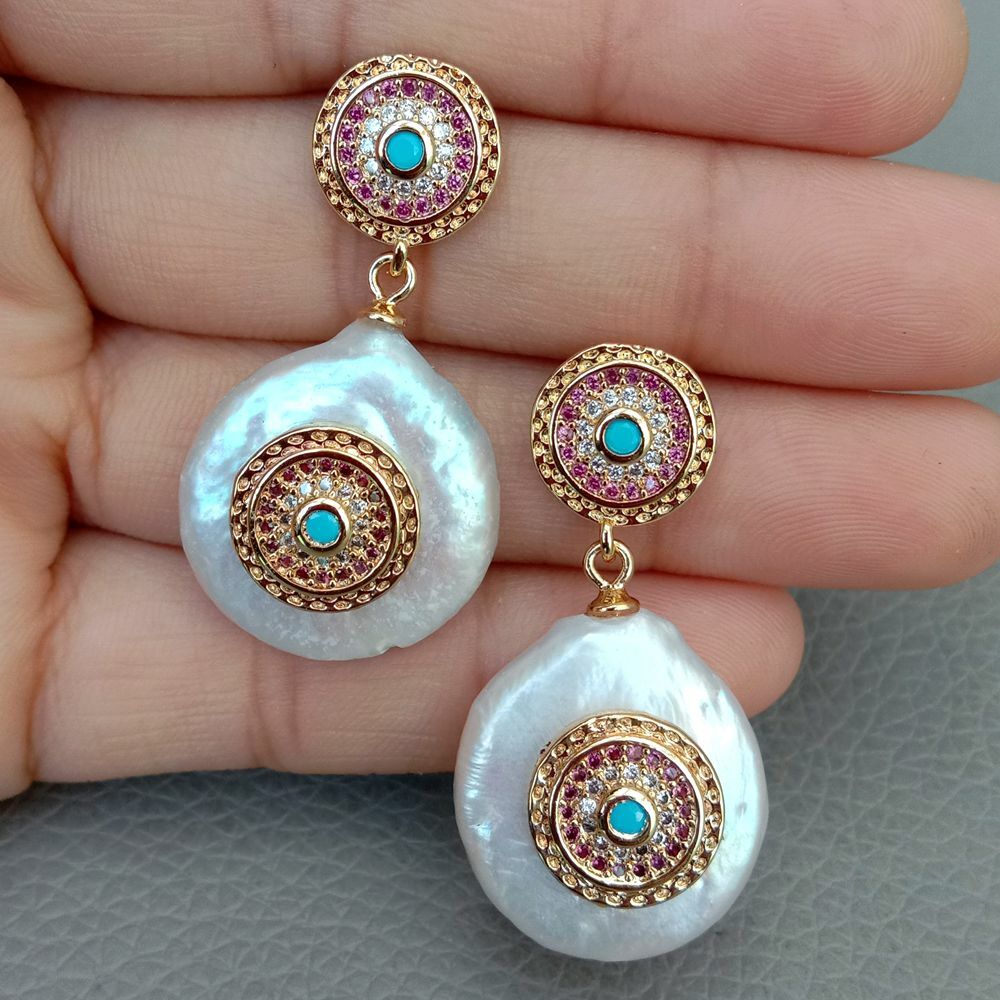 Freshwater White Coin Pearl Cz pave Stud Earrings