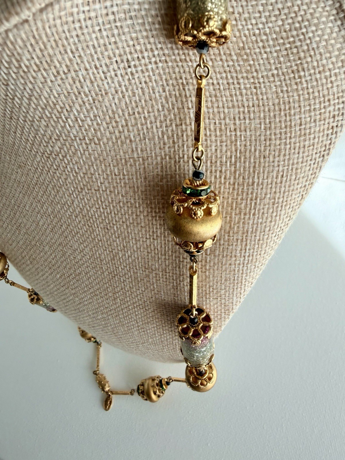Vintage Vendome Necklace Gold Tone Pink Green Glitter Beads Signed