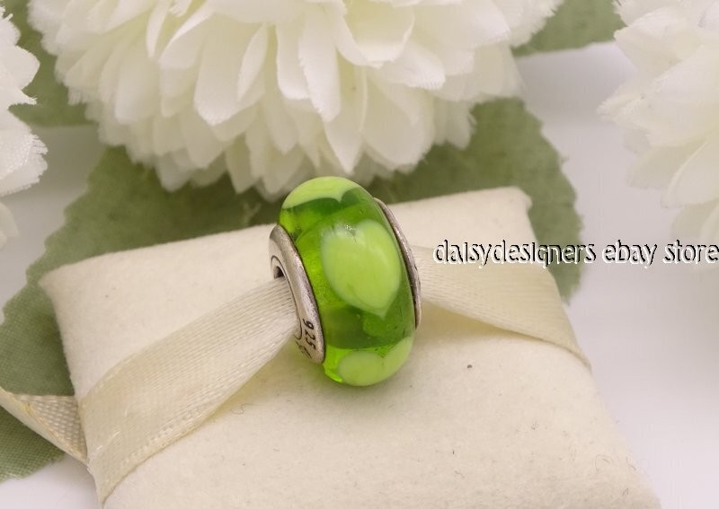 Authentic Pandora Green Love Lime Hearts Murano Glass Charm 790656 Retired