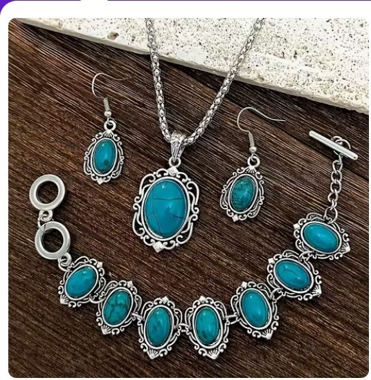 Silver Tone Oval Turquoise Cabochon Necklace, Earrings & Bracelet Jewelry Set